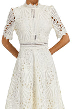 Women lace midi dress A-line fit and flare with mock neck and cutout waist