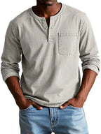 Men's long sleeve henley shirt, casual relaxed fit, available in multiple colors