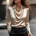 Women satin blouse draped neckline long sleeve, polished silhouette