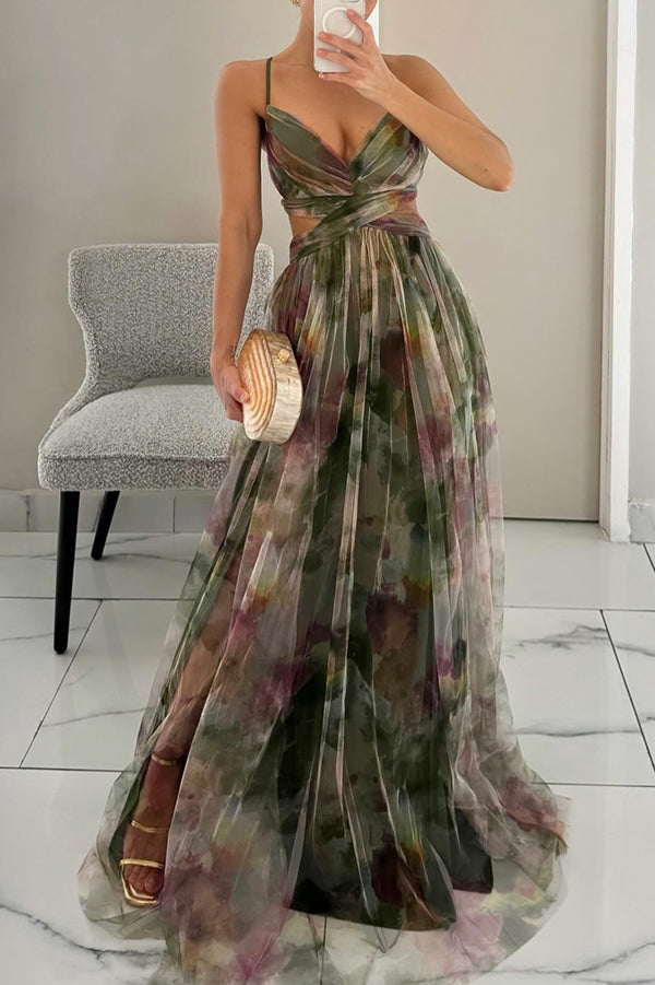 Women floral maxi dress open back with crossover front and thin straps