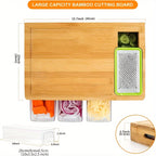 Bamboo cutting board with storage trays, interchangeable graters and juice groove meal prep station
