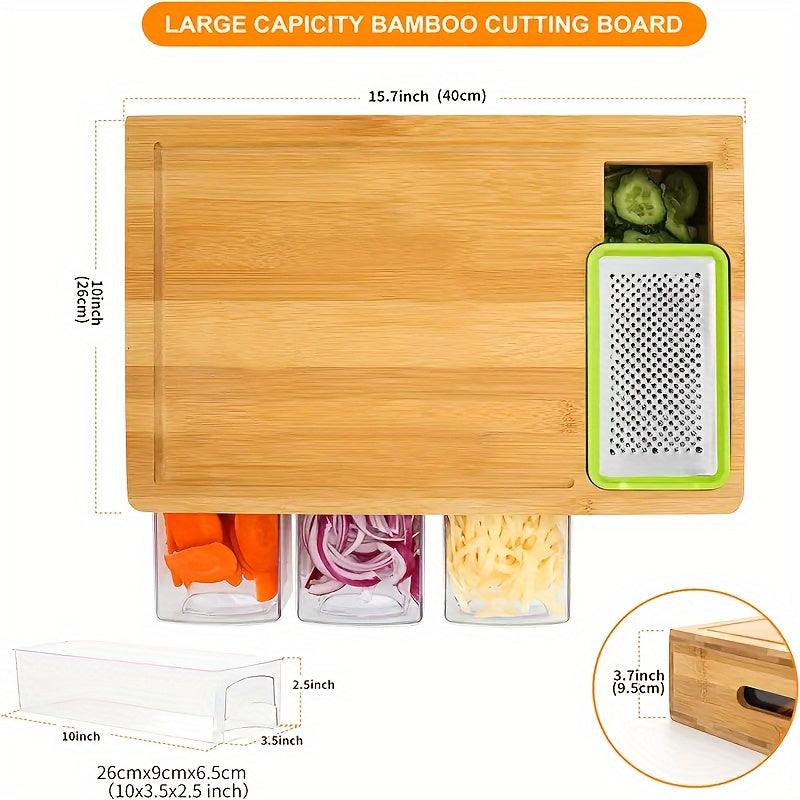 Bamboo cutting board with storage trays, interchangeable graters and juice groove meal prep station