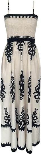 Women's bohemian smocked maxi dress, square neck sleeveless white print