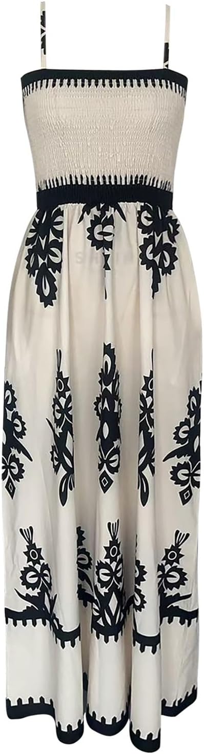 Women's bohemian smocked maxi dress, square neck sleeveless white print