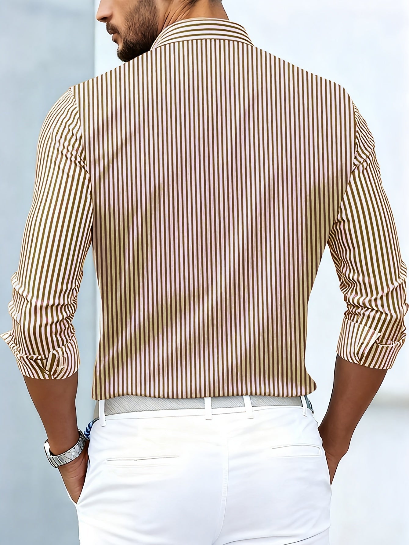 Men long sleeve striped shirt vintage wash relaxed regular fit