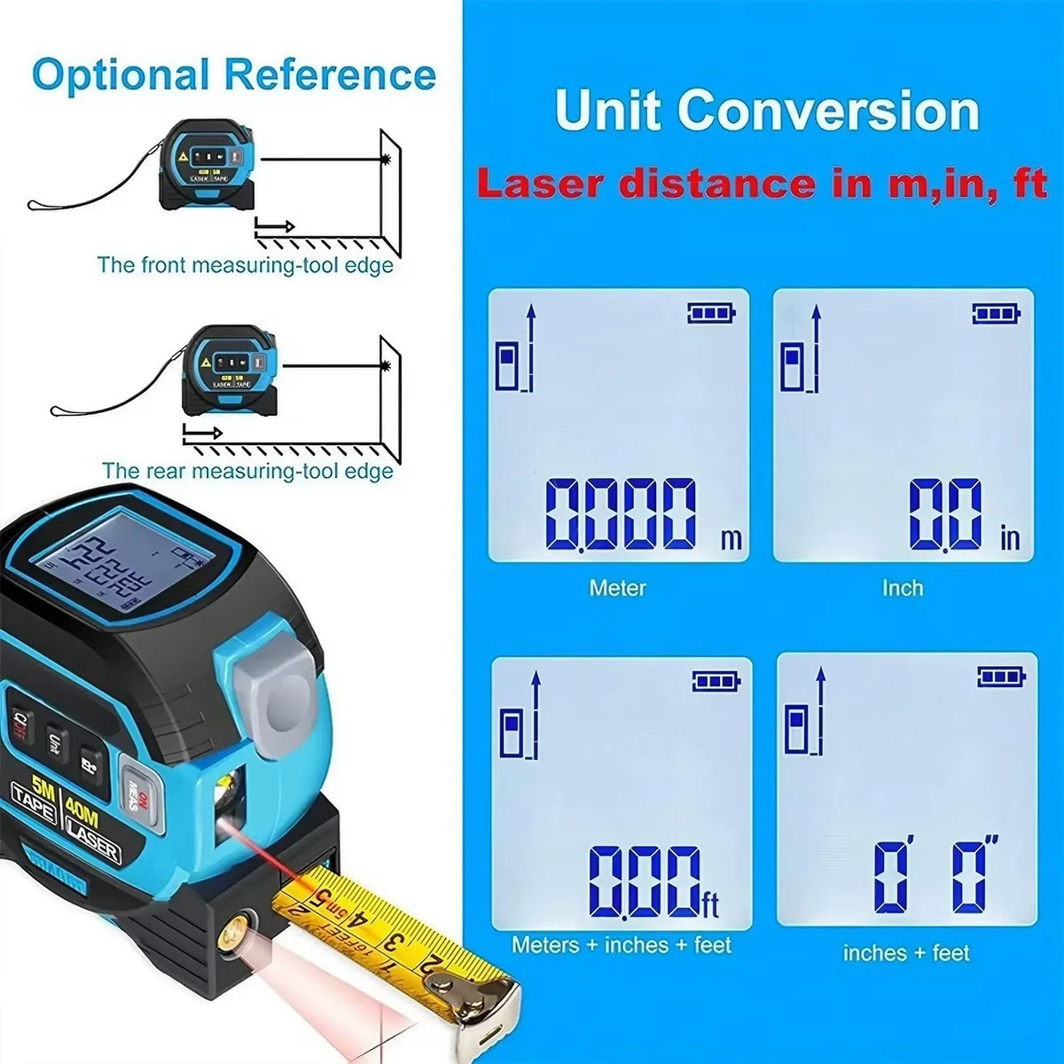 3-in-1 laser tape measure 60M range with digital display and cross laser