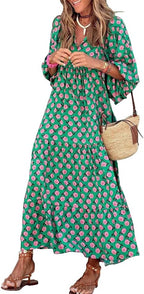 Women's green maxi boho dress with V-neckline and geometric print, flowy ankle-length