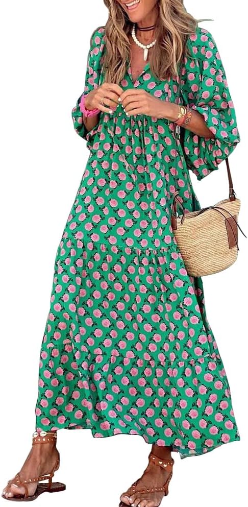 Women's green maxi boho dress with V-neckline and geometric print, flowy ankle-length