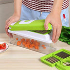 Vegetable chopper 12-in-1 with stainless steel blades, white and green, large catch container