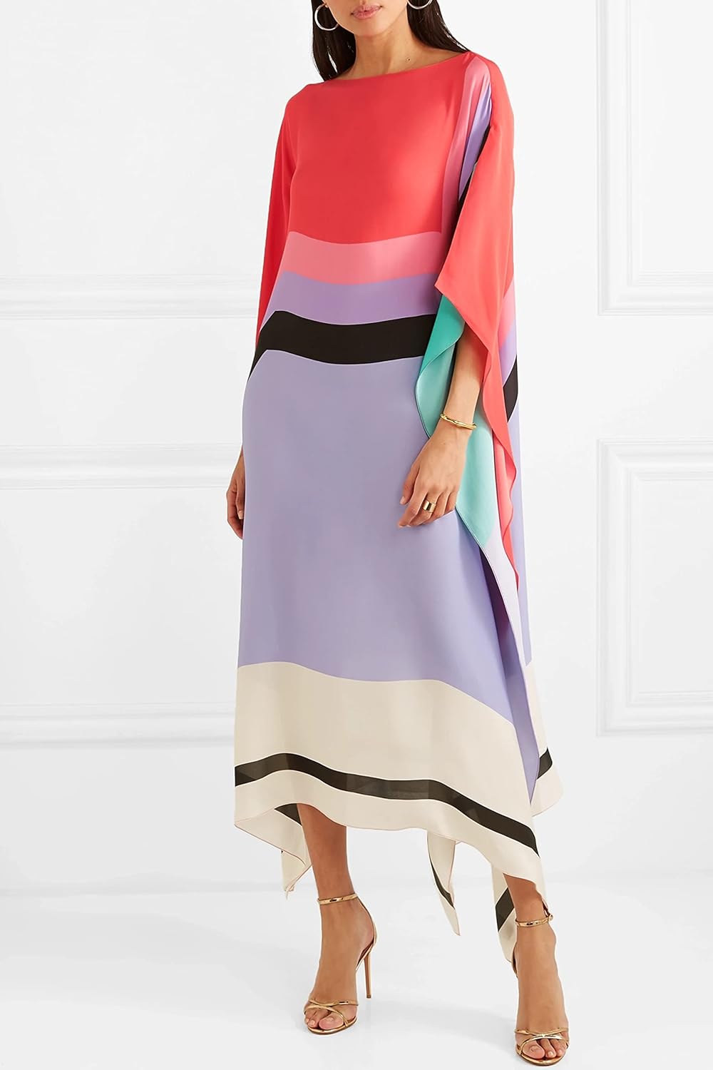 Women geometric print kaftan maxi dress with batwing sleeves and asymmetric hem