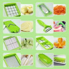 Vegetable chopper 12-in-1 with stainless steel blades, white and green, large catch container