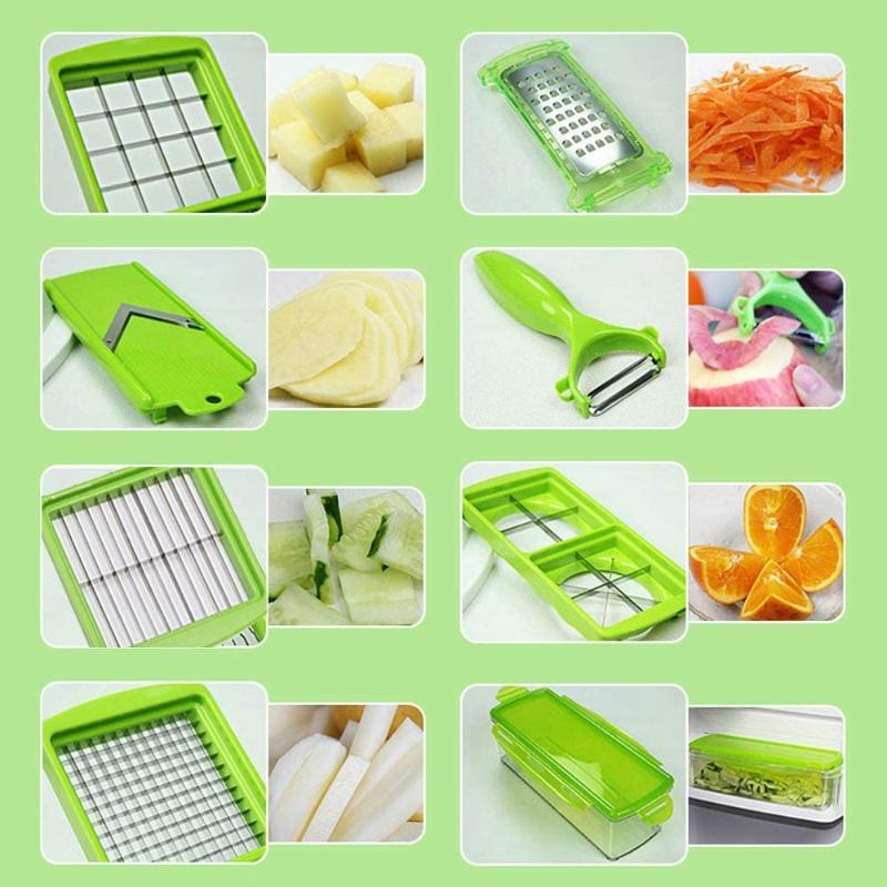 Vegetable chopper 12-in-1 with stainless steel blades, white and green, large catch container