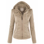 Women's faux leather jacket with removable hood and quilted sleeves, moto style