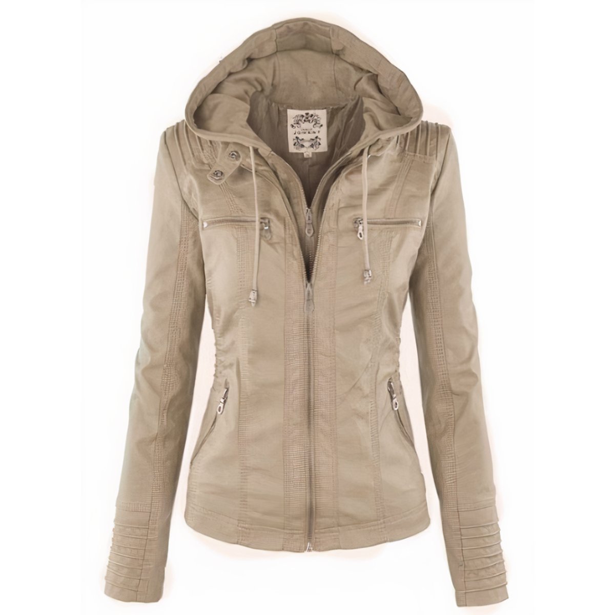 Women's faux leather jacket with removable hood and quilted sleeves, moto style