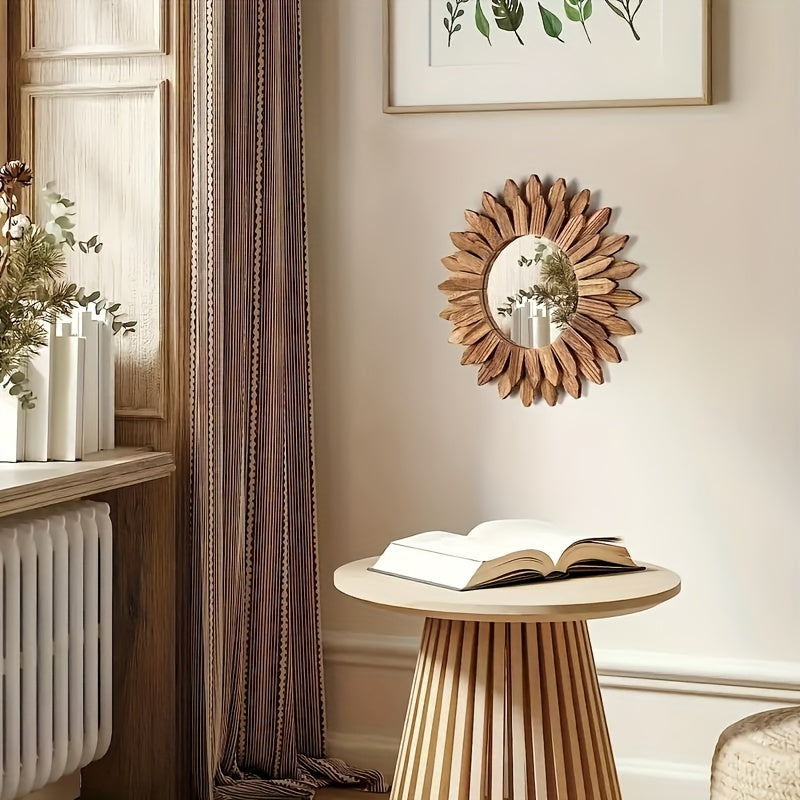 Bohemian wall mirror sunflower wooden round boho decor for bedroom or living room