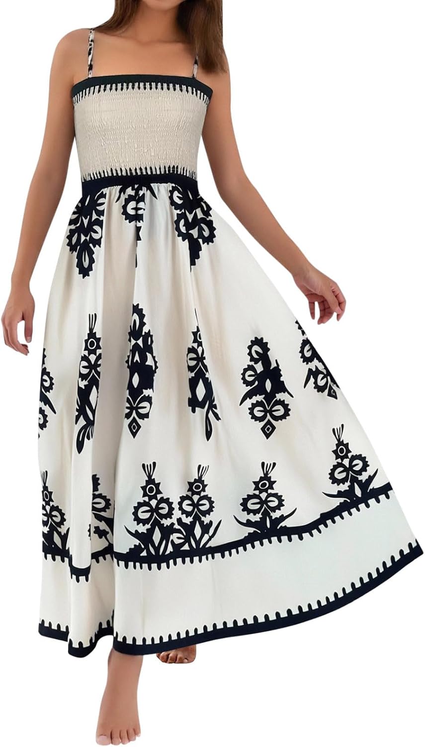 Women's bohemian smocked maxi dress, square neck sleeveless white print