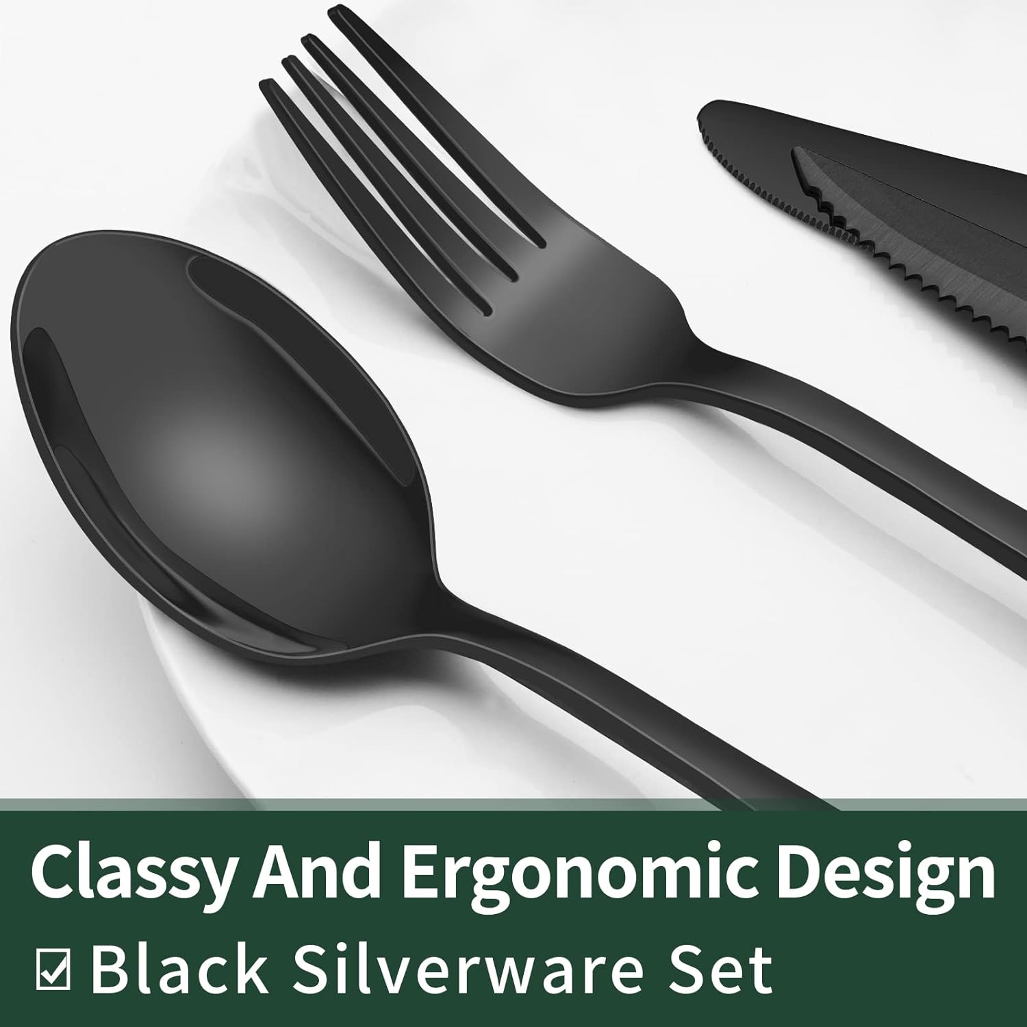 24-piece black stainless steel cutlery set for 4, including steak knives, matte black finish