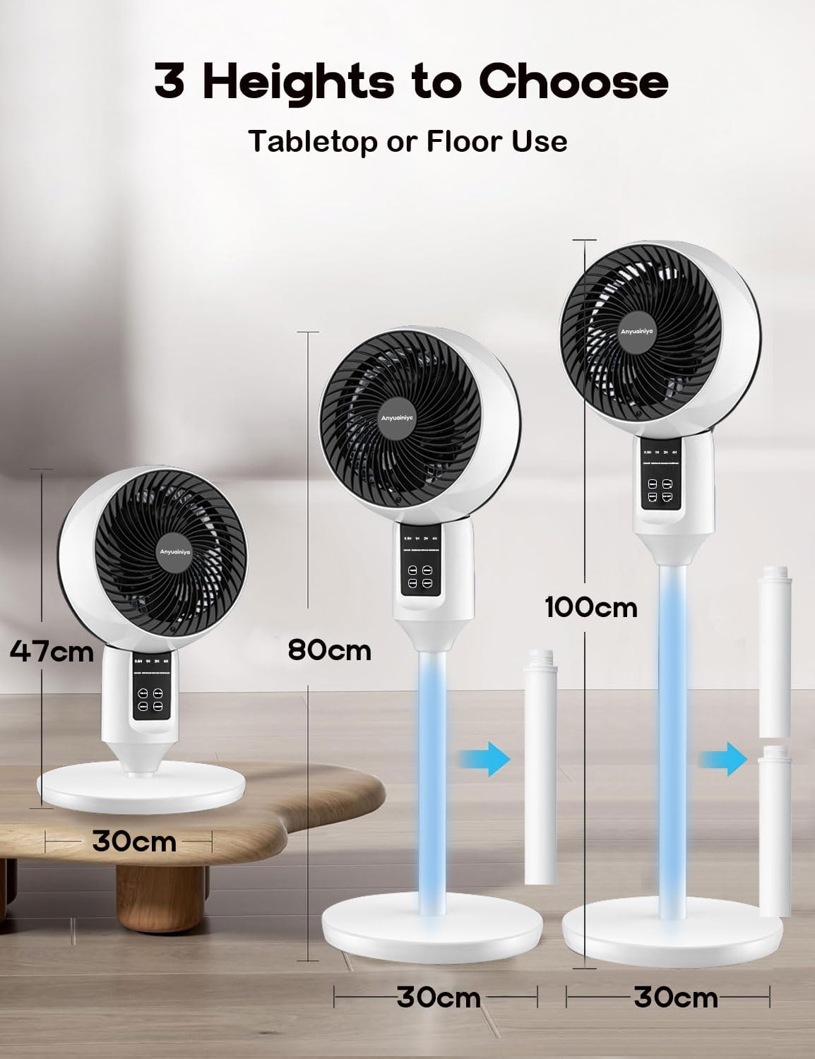 White pedestal fan with 3D oscillation and adjustable height, ultra-quiet 26 dB operation