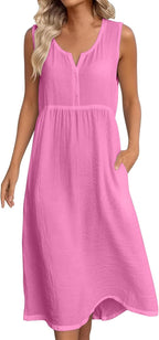 Women linen midi dress V neck sleeveless with side pockets A-line bohemian style