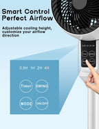 White pedestal fan with 3D oscillation and adjustable height, ultra-quiet 26 dB operation