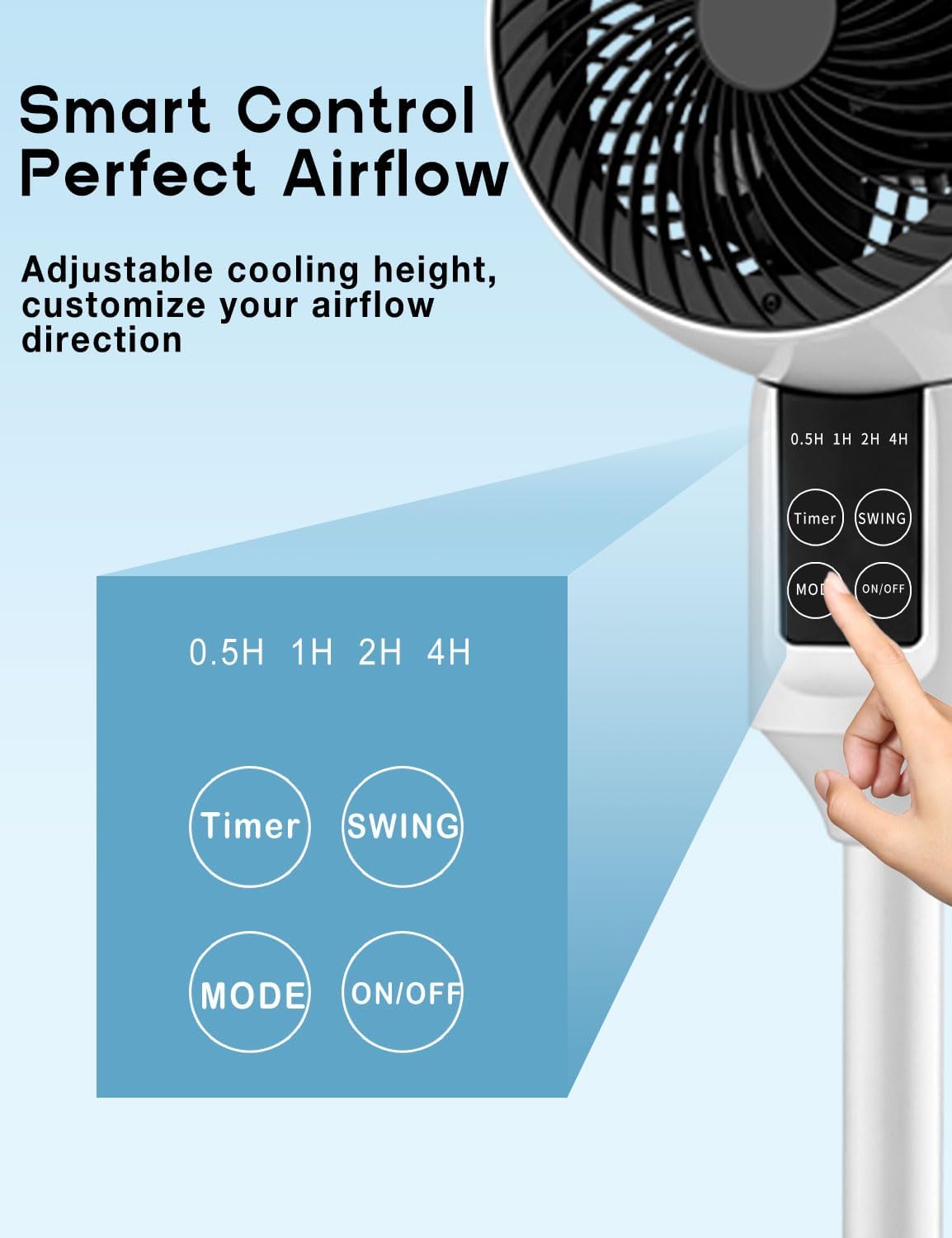 White pedestal fan with 3D oscillation and adjustable height, ultra-quiet 26 dB operation