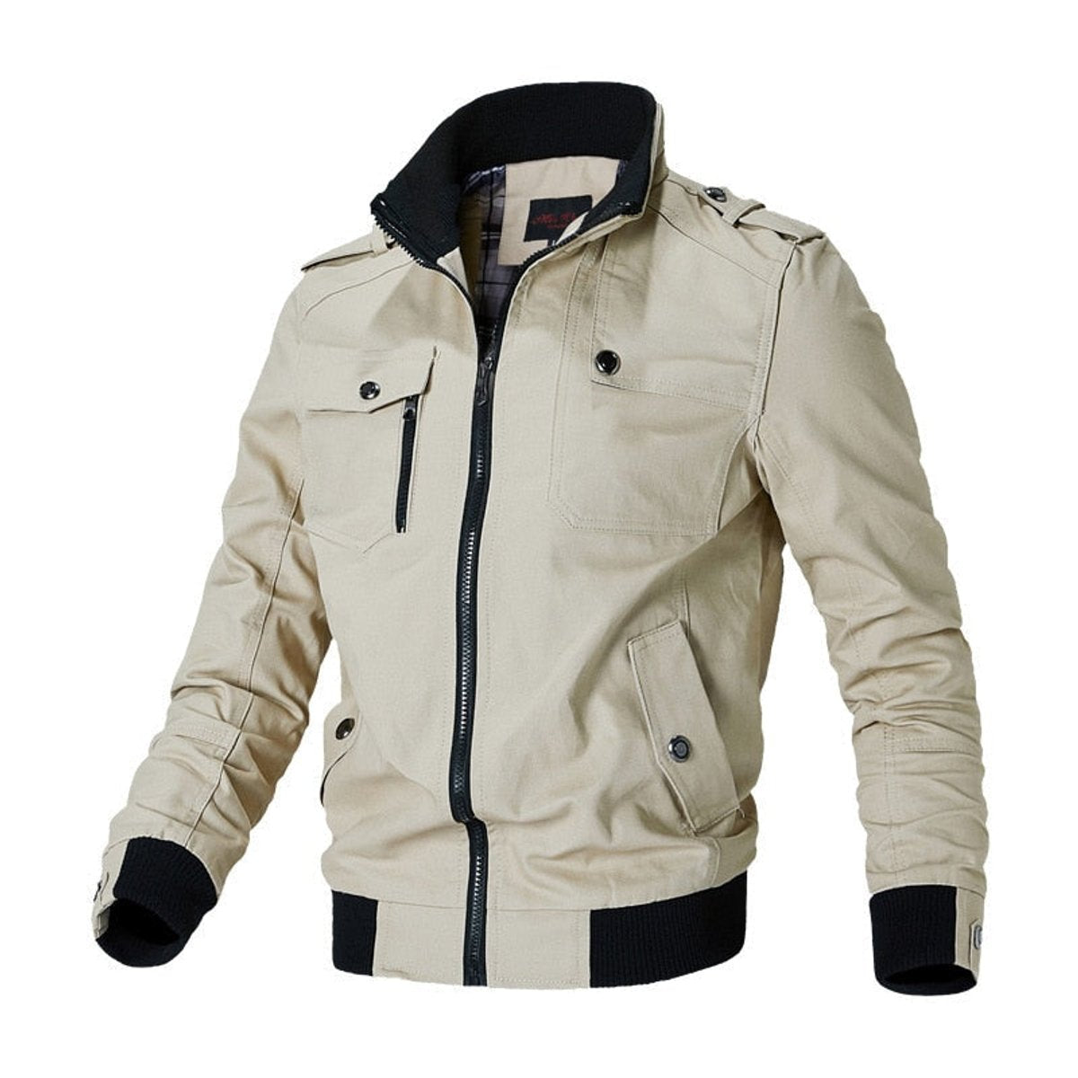 Men cotton blend military bomber jacket with shoulder epaulettes and zip pockets