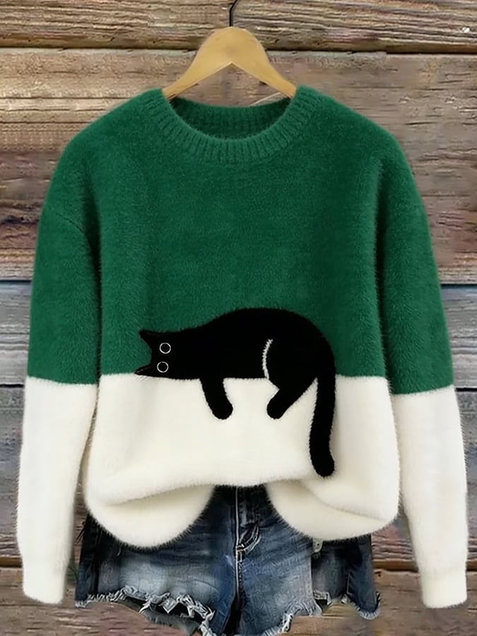 Women knit jumper colour block with black cat motif relaxed fit