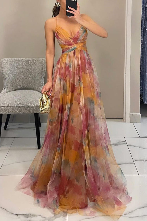 Women floral maxi dress open back with crossover front and thin straps