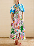 Women's midi dress tropical print, lapel neckline, adjustable waist tie, summer