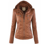 Women's faux leather jacket with removable hood and quilted sleeves, moto style
