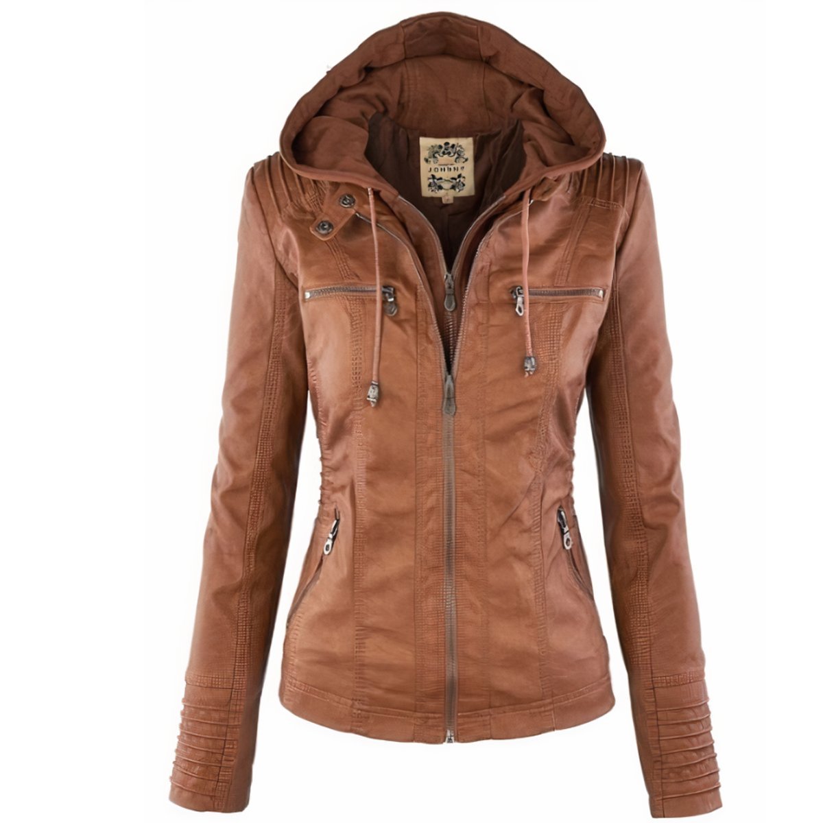 Women's faux leather jacket with removable hood and quilted sleeves, moto style