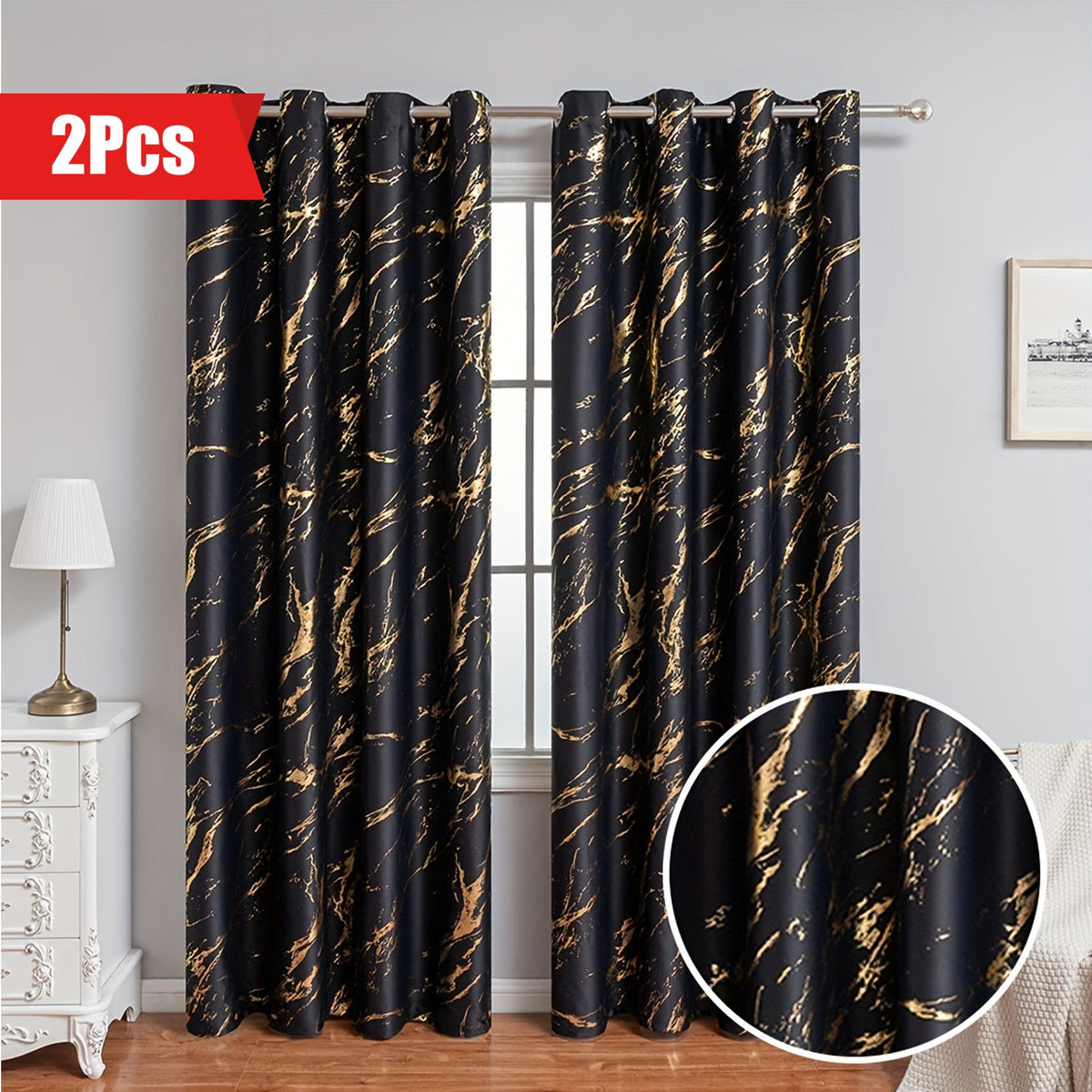 2 piece blackout curtains bronzing marble print ring top for bedroom and living room