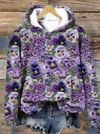 Women floral jacquard hoodie oversized relaxed knit pullover