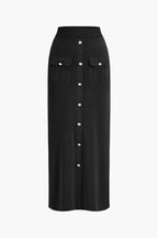 Women 2 piece knit blazer skirt set ribbed with gold button detail