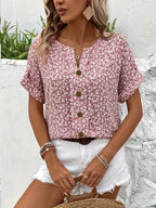 Women floral button-up blouse loose fit short sleeve casual top