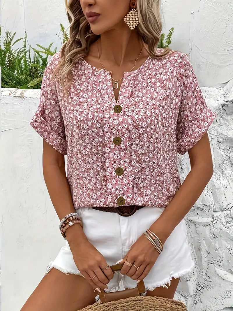 Women floral button-up blouse loose fit short sleeve casual top
