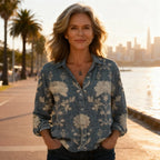 Women's cotton blouse with vintage print and long sleeves, relaxed fit summer shirt