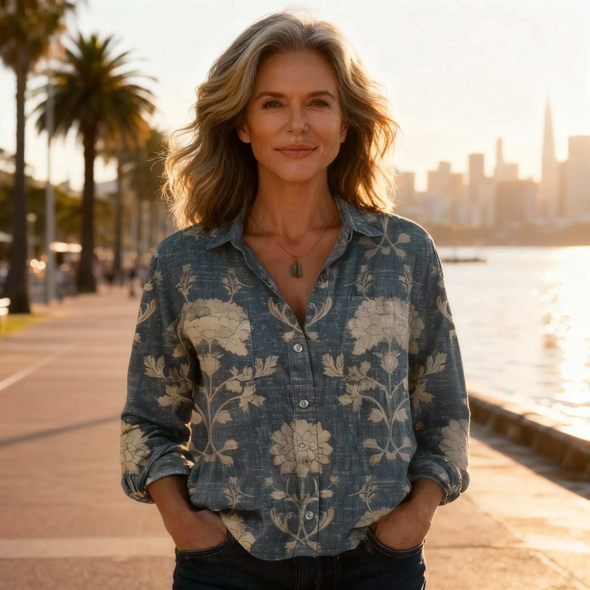 Women's cotton blouse with vintage print and long sleeves, relaxed fit summer shirt