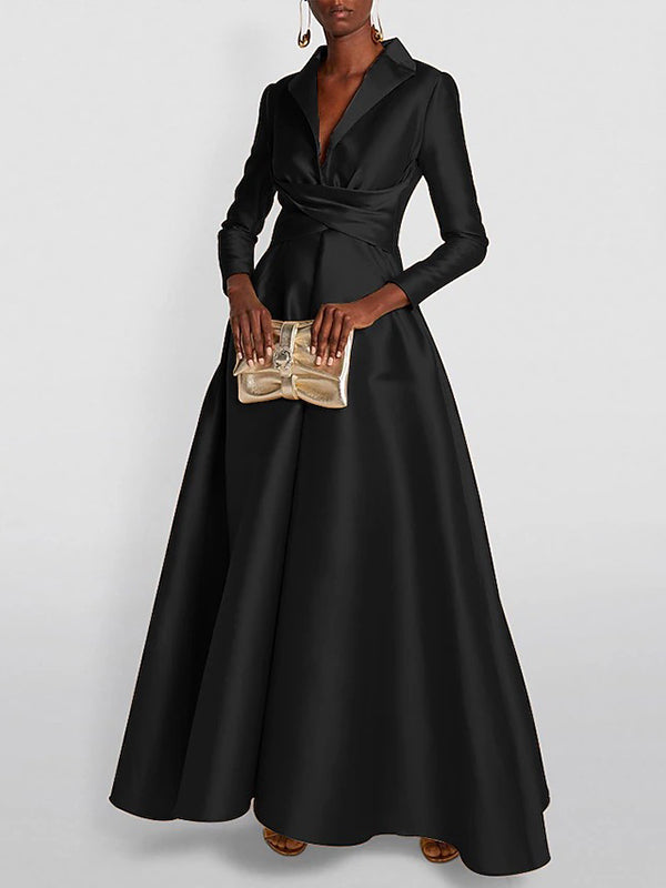 Women's A-line high waist V-neck long sleeve pleated maxi dress in multiple colours