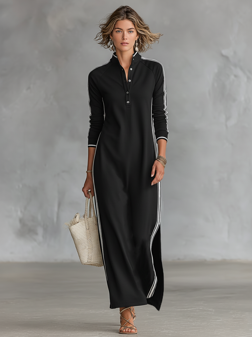Women's maxi sweatshirt dress with button-down collar and white trim, minimalist relaxed fit