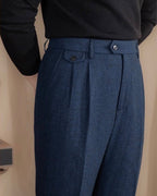 Men's herringbone wool trousers high waist pleated front tailored fit