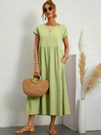 Women casual midi maxi dress with side pockets and short sleeves