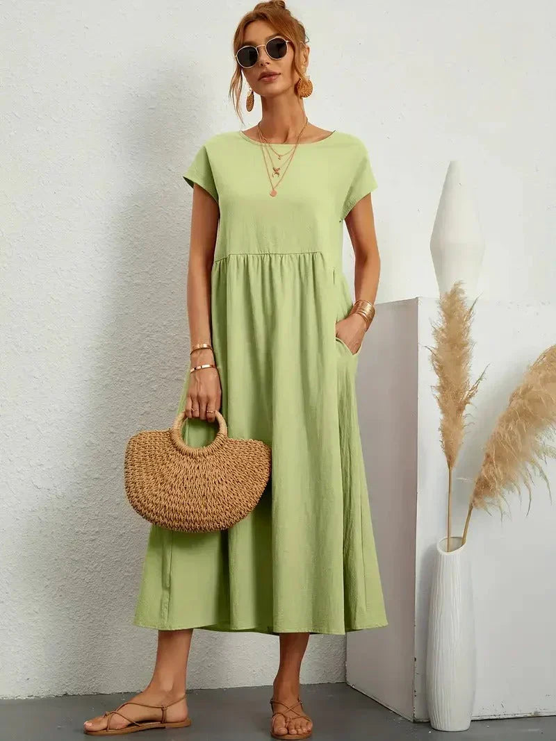 Women casual midi maxi dress with side pockets and short sleeves