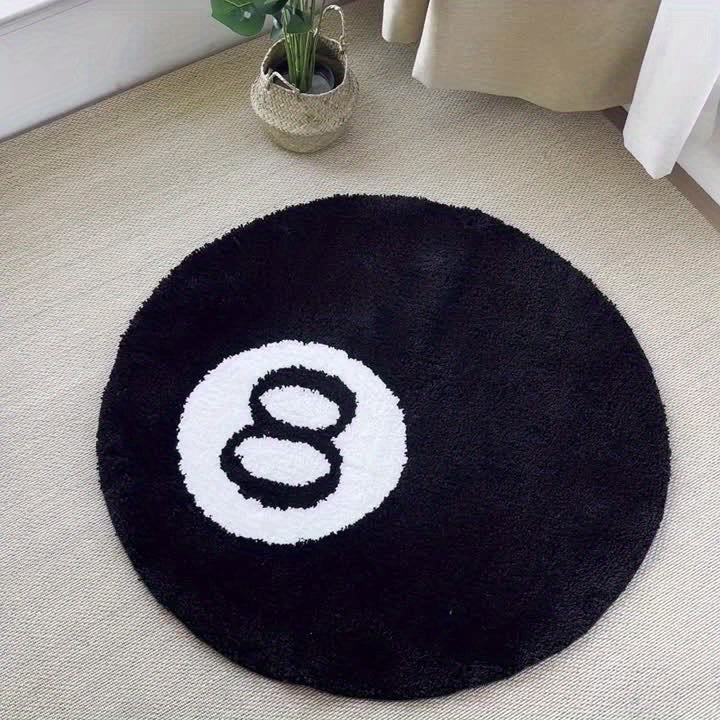 Round black 8-ball tufted rug, non-slip, indoor and outdoor use