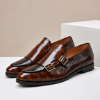 Men's leather loafers with double monk strap buckles and almond toe, crocodile-embossed finish