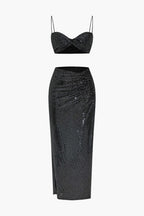 Two-piece sequin skirt set black bustier top and high-waisted maxi skirt formal party
