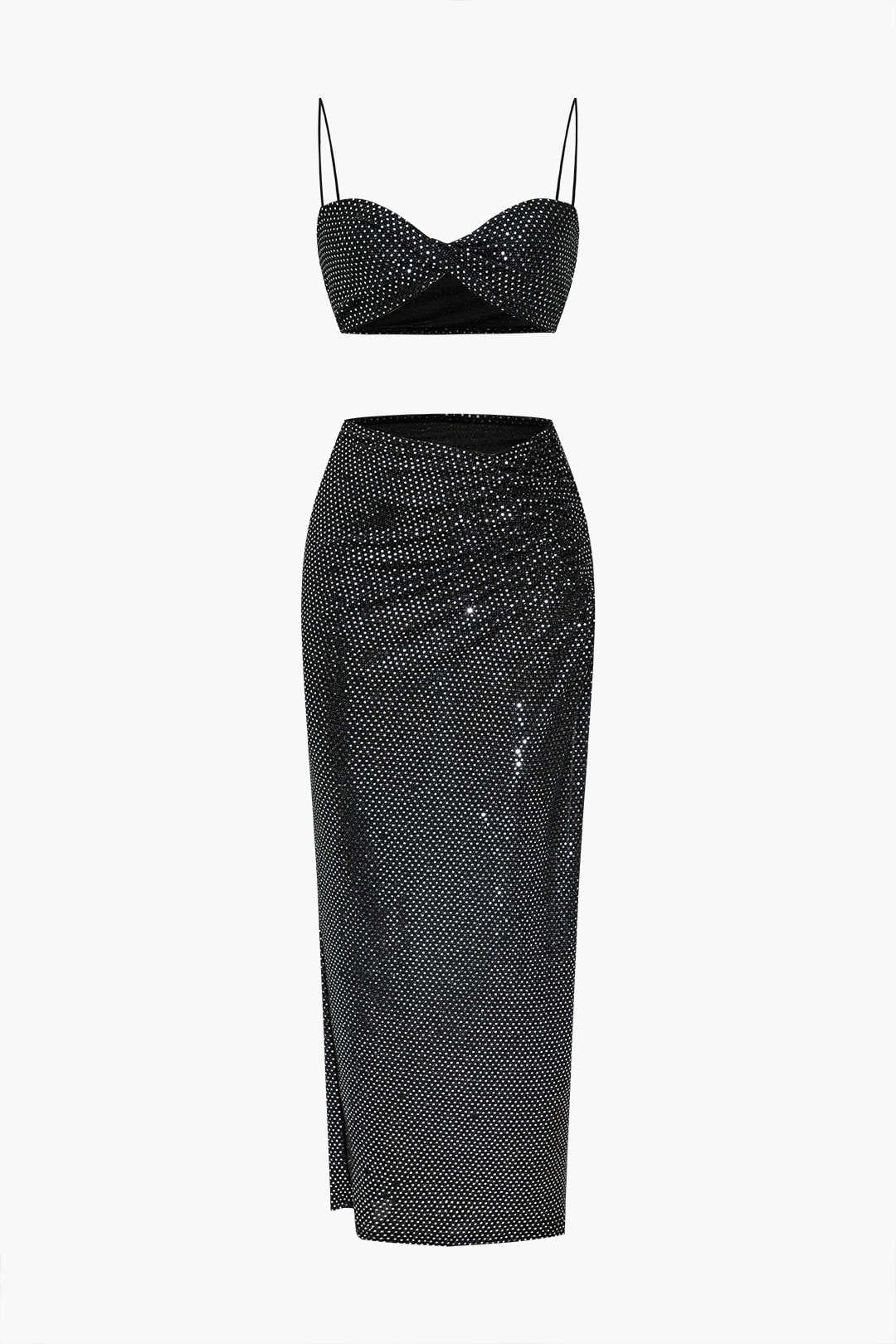 Two-piece sequin skirt set black bustier top and high-waisted maxi skirt formal party