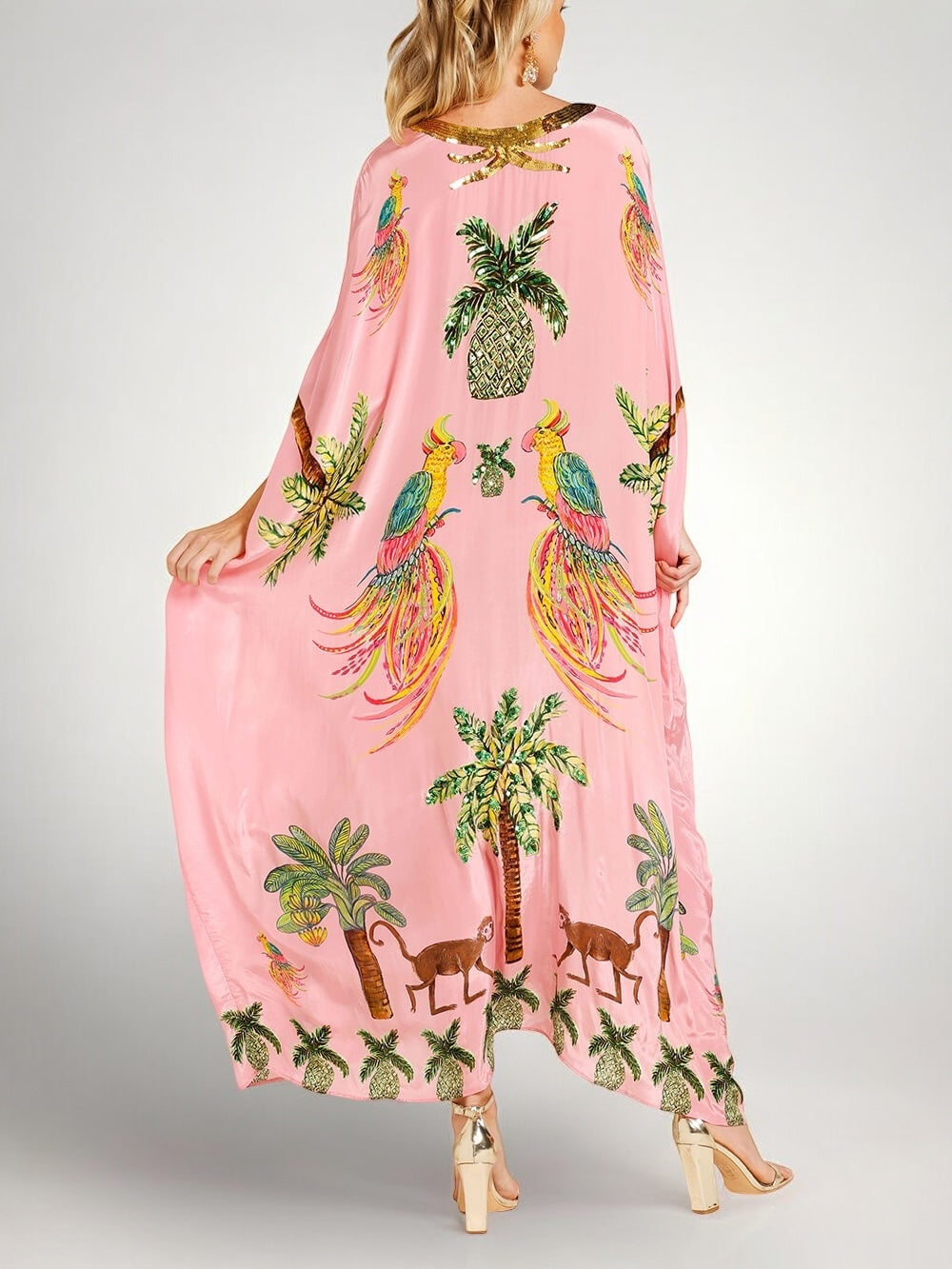 Tropical print dress drop shoulder coconut tree print loose fit vacation resort wear