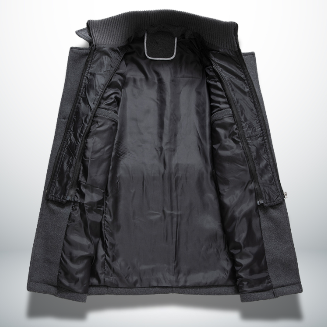 Men double breasted overcoat mid-length with zip-in bib and notch lapel