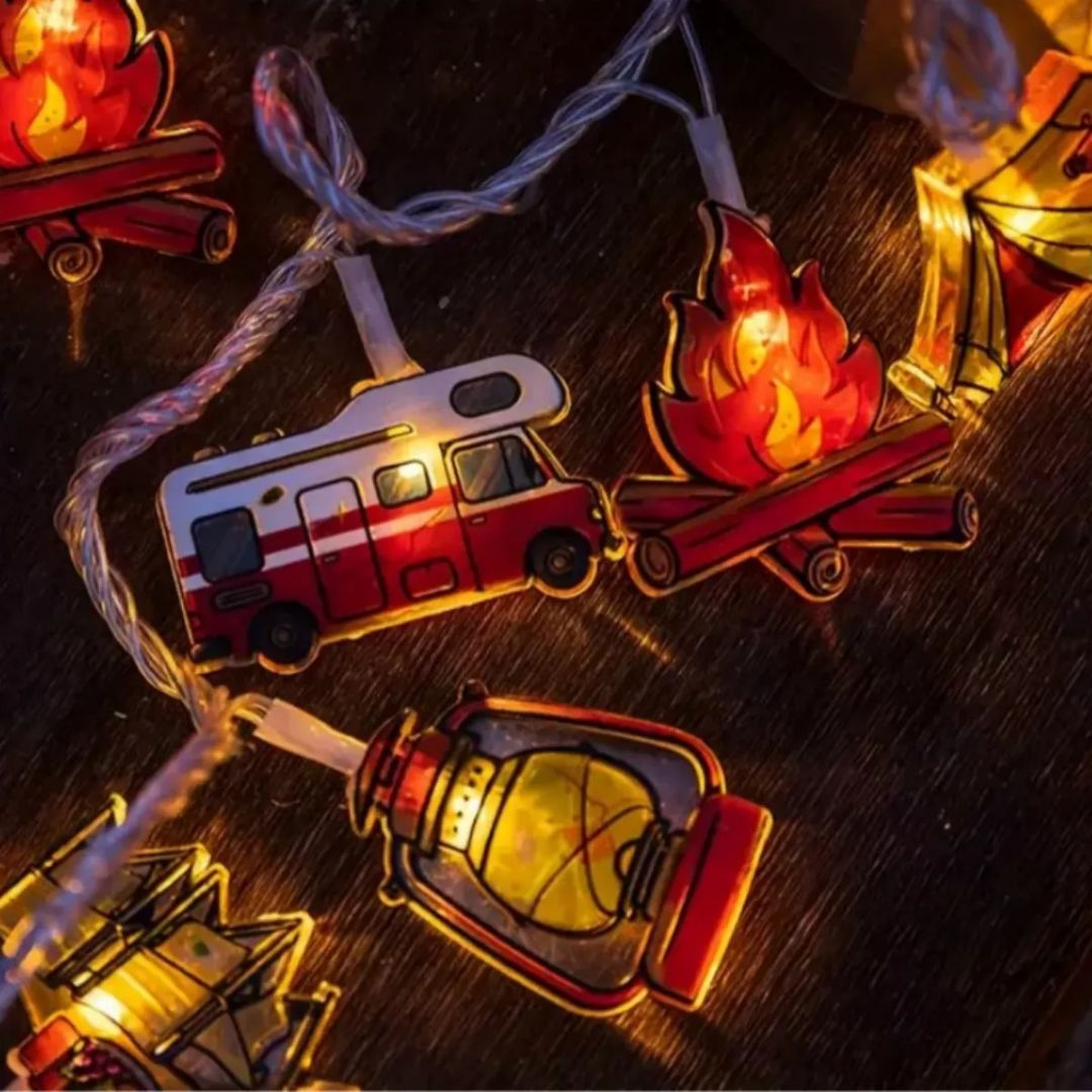 LED camping string lights with warm white tent and camper figures, battery operated